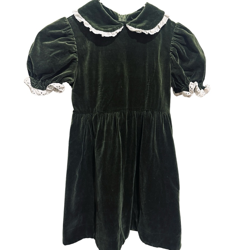 Vintage Velvet Puff Sleeve Dress with Lace Peter Pan Collar - Green